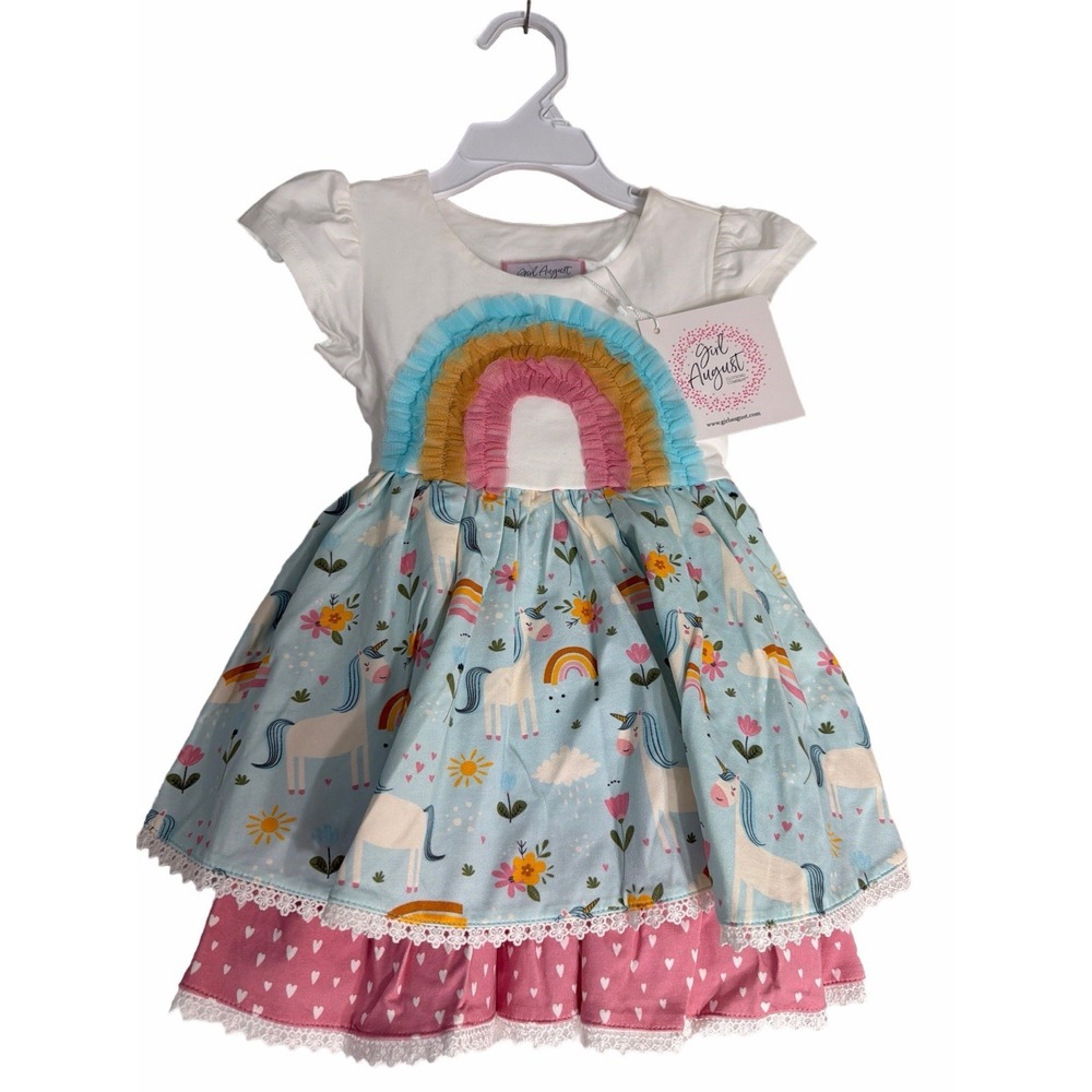 NWT Girl August Boutique Dress Tulle‎ Rainbow Lined Unicorns Hearts Flowers - 2T